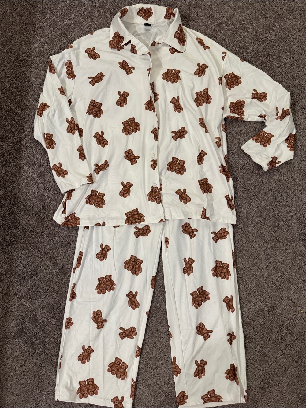 Soft White Pajama Set with Brown Teddy Print